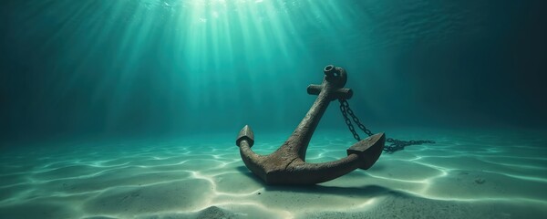 Rusty ship anchor underwater. Sea bottom sand, chain. Sunlight shines through calm turquoise water. Heavy iron object, symbol of safety, stability. Ocean depths, marine life, diving, travel, vacation.