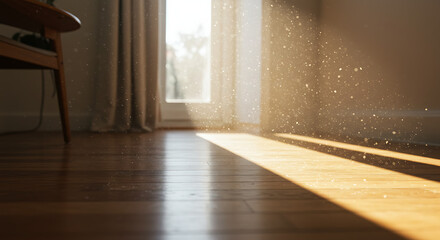 Sunlight streams into a room, illuminating dust particles dancing in the air. A wooden floor and chair add warmth to the scene.