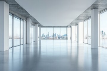 Fototapeta premium Modern minimalist interior showcasing natural light filtering through large windows in a spacious gallery or studio setting
