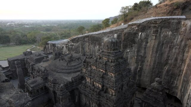 The 8th-century Kailasa temple at the Ellora Caves in Aurangabad, Maharashtra, India, tilt up. 