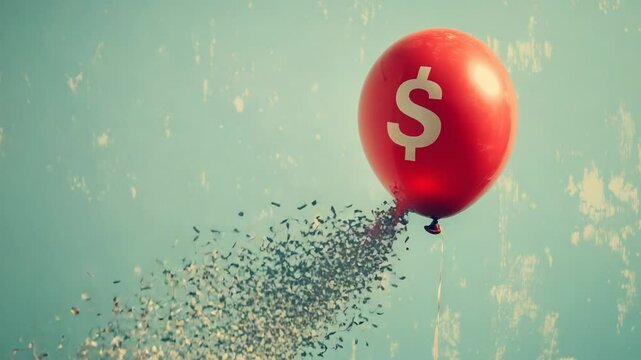 A red balloon with a dollar sign bursts, scattering fragments that symbolize financial challenges and economic change.