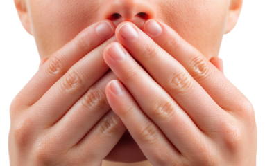 Mouth covered by hands gesture silence secrecy shock isolated on png transparent background