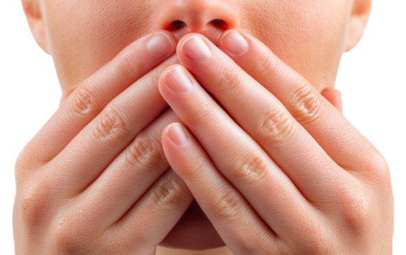 Mouth covered by hands gesture silence secrecy shock isolated on png transparent background - Powered by Adobe