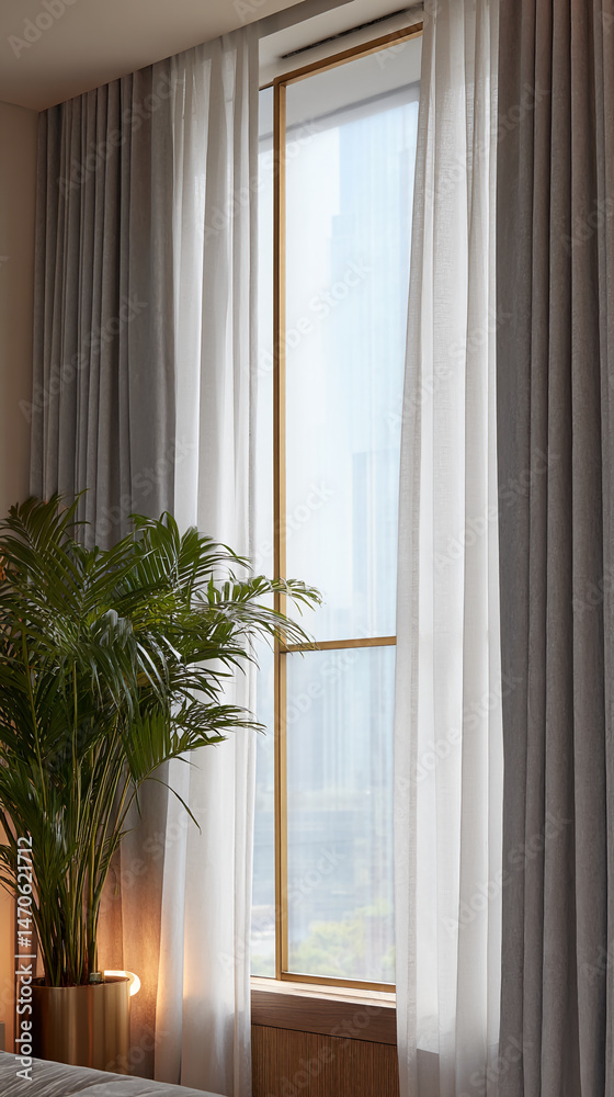 Poster grey and white sheer curtains frame a window with a city view, alongside a potted plant, creating a 