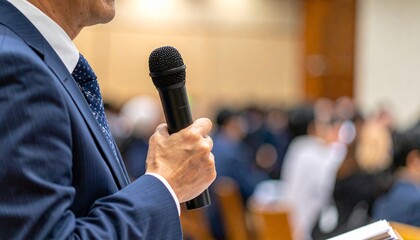 スピーチするビジネスマンの手元のマイク