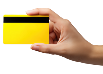 hand holds bright yellow card with black magnetic stripe isolated on png transparent background