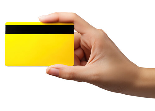 hand holds bright yellow card with black magnetic stripe isolated on png transparent background