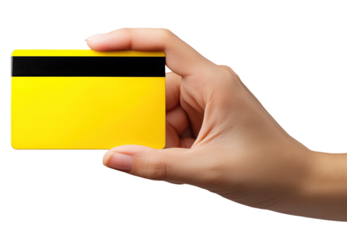 hand holds bright yellow card with black magnetic stripe isolated on png transparent background