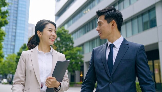 外出してオフィス街を歩きながら談笑するビジネスウーマンと日本人ビジネスマン - Powered by Adobe