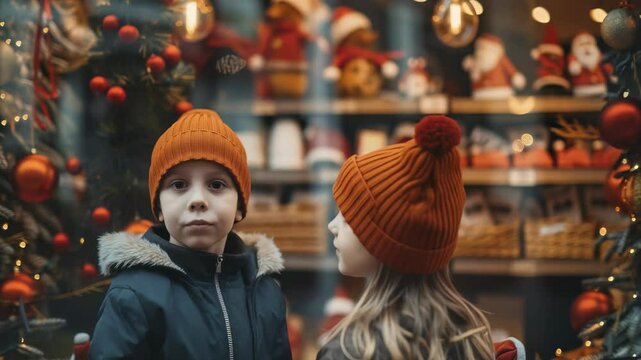 Two young children in warm coats , matching hats stand before a decorated shop window. Christmas ornaments, Santa figures, , twinkling lights create a festive atmosphere, capturing their attention.