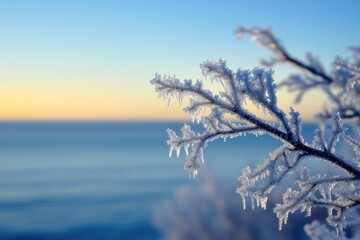 Frost-covered branches against a serene, sunlit ocean backdrop, winter's beauty.