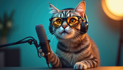 Cute cat wearing glasses, headphones. Funny animal doing podcast, speaking into microphone, recording audio content in studio. Online broadcasting, video, audio content creation concept.