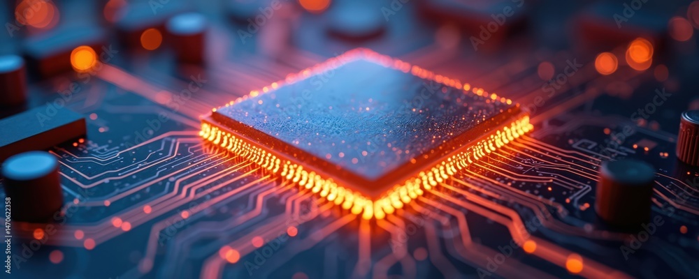 Poster Close-up view AI chip glowing with energy. Intricate circuitry and vibrant connections showcase tech innovation. Microprocessor, digital electronic design, data processing, futuristic hardware.