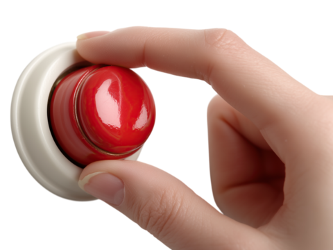 finger pressing red call button with white base for assistance isolated on png transparent background