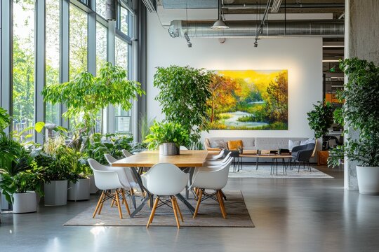 Modern office space featuring greenery and natural light with a comfortable meeting area and artistic wall decor in a vibrant environment