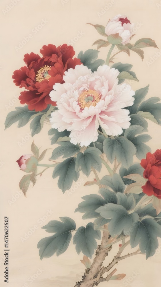 Aufkleber 赤い牡丹とピンクの牡丹の絵画 伝統的な東洋スタイルで美しい花柄 日本画の背景
