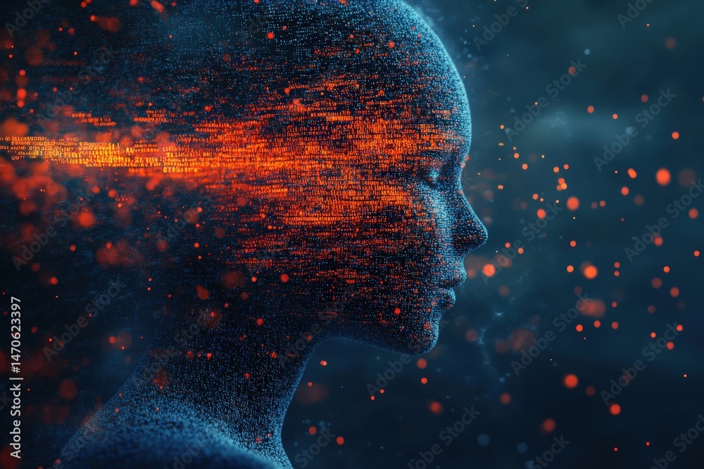 Poster digital art representation of a human face composed of glowing binary code in a dark environment sho