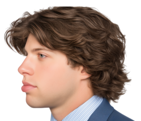Profile of young man with wavy brown hair and blue eyes wearing blue suit isolated on png transparent background