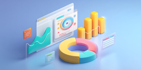 Isometric 3D illustration of colorful charts and graphs, showcasing data analysis and business visualization, representing growth and progress in a modern digital environment