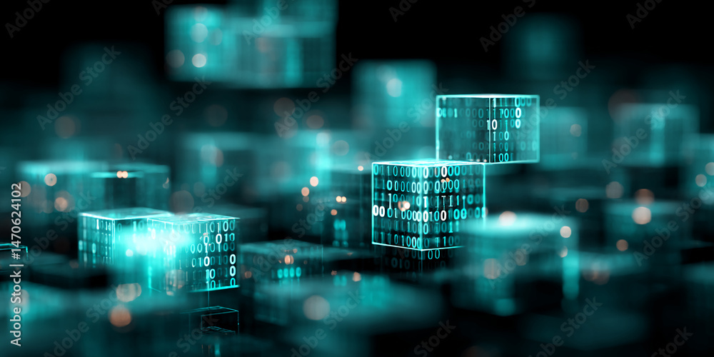 Poster abstract image of glowing teal cubes with binary code, creating a futuristic digital data concept, s