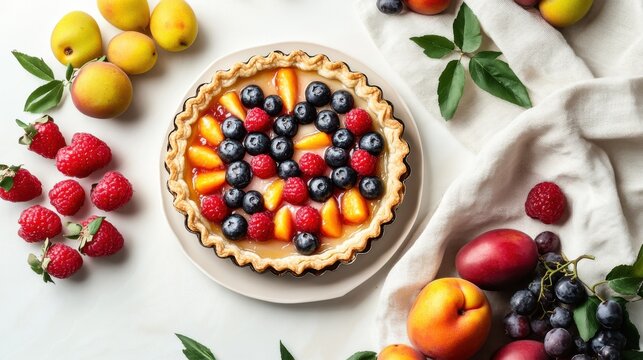 Fresh mixed fruit tart with berry and apricot in flat lay style