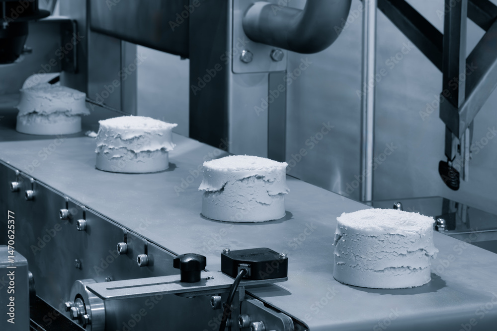Poster A conveyor belt with four cakes on it. The cakes are all the same size and are being made in a factory