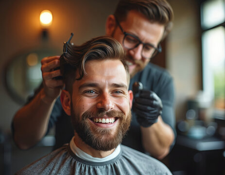 Happy client smiles getting haircut. Barber styling male hair in pro salon. Man with beard, trendy coiffure, smiling. Hair care service, grooming style, business.