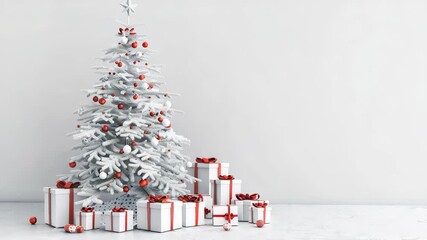 A white Christmas tree decorated with red ornaments sits in a minimalist room, accompanied by a stack of white gift boxes tied with red ribbon, creating a festive holiday atmosphere. - Powered by Adobe