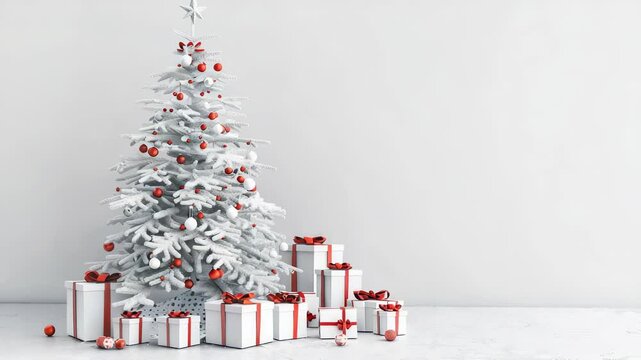 A white Christmas tree decorated with red ornaments sits in a minimalist room, accompanied by a stack of white gift boxes tied with red ribbon, creating a festive holiday atmosphere.