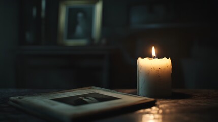 Candle flickering beside a vintage photo album in a dark room
