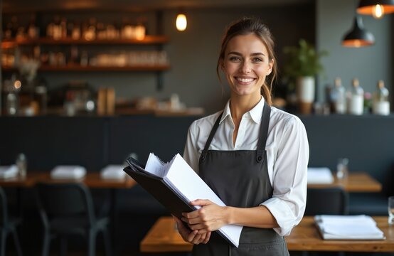 Smiling waitress holding menus in restaurant. Cheerful female waiter in uniform with apron, at work. Restaurant worker, hospitality service. Young woman looks at camera, posing for photo.