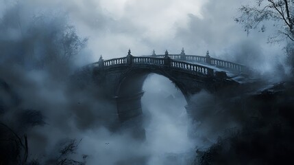 Haunted-looking bridge disappearing into a thick layer of fog