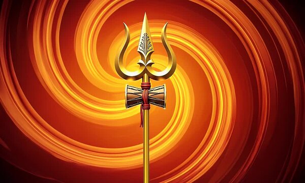 Golden Trishul Against Orange Energy Swirls Depicting Religious Spirituality