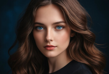 Fototapeta premium Elegant Brunette with Glossy Waves and Captivating Blue Eyes
