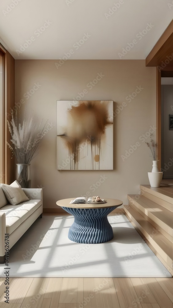 Aufkleber ベージュの壁の背景に白いソファ青い円卓がある上品なリビングルームのインテリアデザインと抽象的な絵画と木製の床