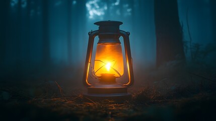 Old lantern casting an eerie glow in a dark forest with fog surrounding it