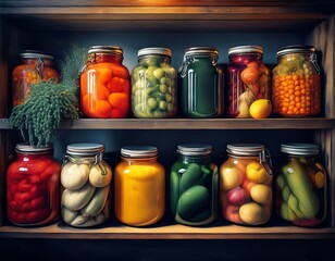 Selbstgemachte Einmachgläser mit Gemüse und Obst auf einem offenen Regal – farbenfroh und nachhaltig.