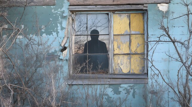 Ghostly figure lurking behind a window in a dilapidated building