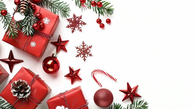 A festive flat lay showcases red gift boxes, star ornaments, snowflakes, candy canes and winter greenery on a white surface, creating a holiday scene.
