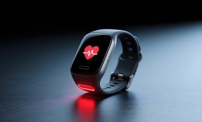 Modern Fitness Tracker Displaying Heart Rate Monitor with Red Sensor Glow on Dark Surface
