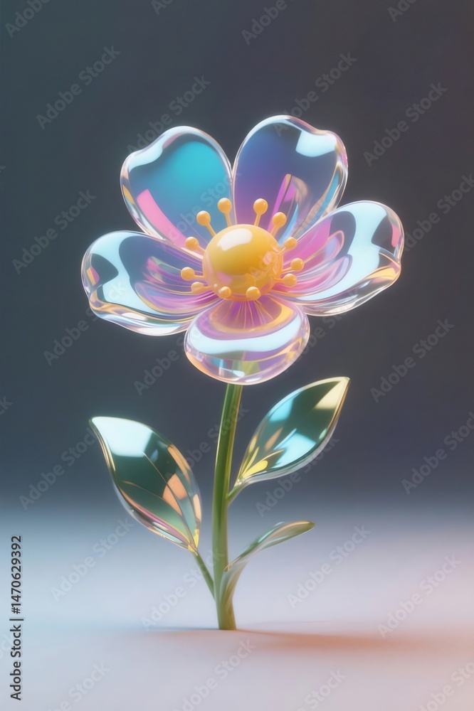 Poster 透明な花弁と緑の茎を持つ光沢のあるクリスタルフラワー 3d レンダリング抽象装飾デザインと柔らかい拡散光の背景
