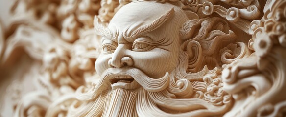Detailed carved wooden figure head, intricate design.