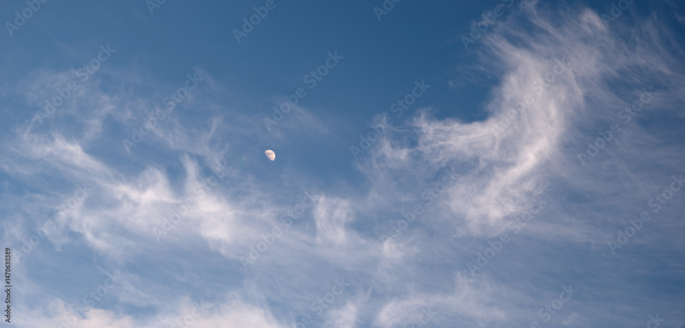 Poster A large moon is visible in the sky above a cloudy blue sky. The clouds are scattered throughout the sky, creating a sense of depth and movement.