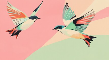 Obraz premium Two birds in flight, vibrant colors, soft background