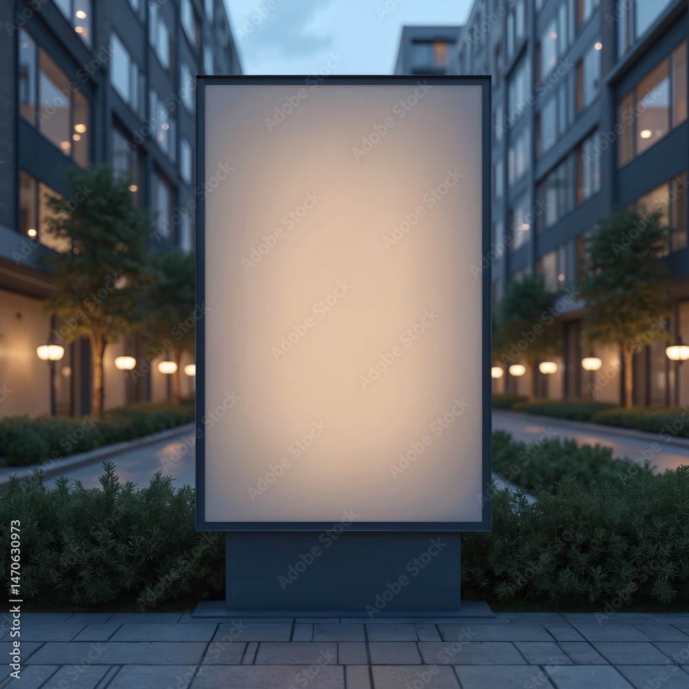 Poster Blank square sign in front of modern office building. Empty billboard, illuminated display for advertisement. Empty space for business brand, message. Commercial, promotional concept. Mockup.