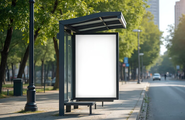 White blank advertising banner at trolley bus stop in city near park. Empty billboard for advertisement. Commercial space for design, marketing messages. Urban transport. Roadside, information signs,