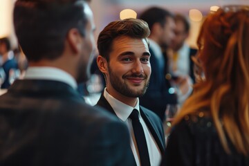 Business professionals networking at a corporate event, discussing innovations and ideas