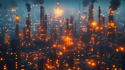Obraz premium Industrial cityscape illuminated by glowing structures.