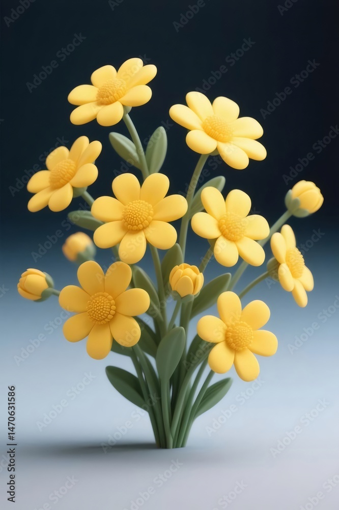 Poster 黄色の花束 濃い青色の背景に緑の葉 春の自然の美しさを表現