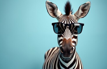 Fototapeta premium Zebra portrait wearing sunglasses, blue background. Animal fashion illustration for print, design, advertising. Modern trendy graphic with cool character, safari, zoo concept.